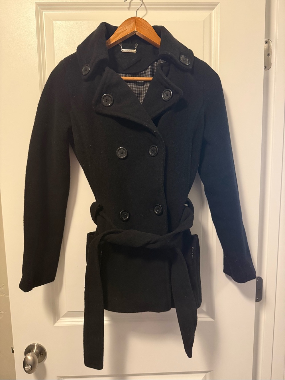 JouJou Vintage Y2K Black Belted Peacoat - Wool Blend Plaid Lined